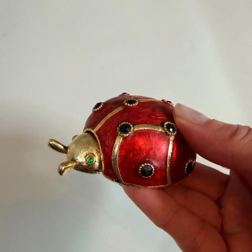Vintage Red Enamel Ladybug Trinket Box Gold Tone Rhinestone Jeweled Lid