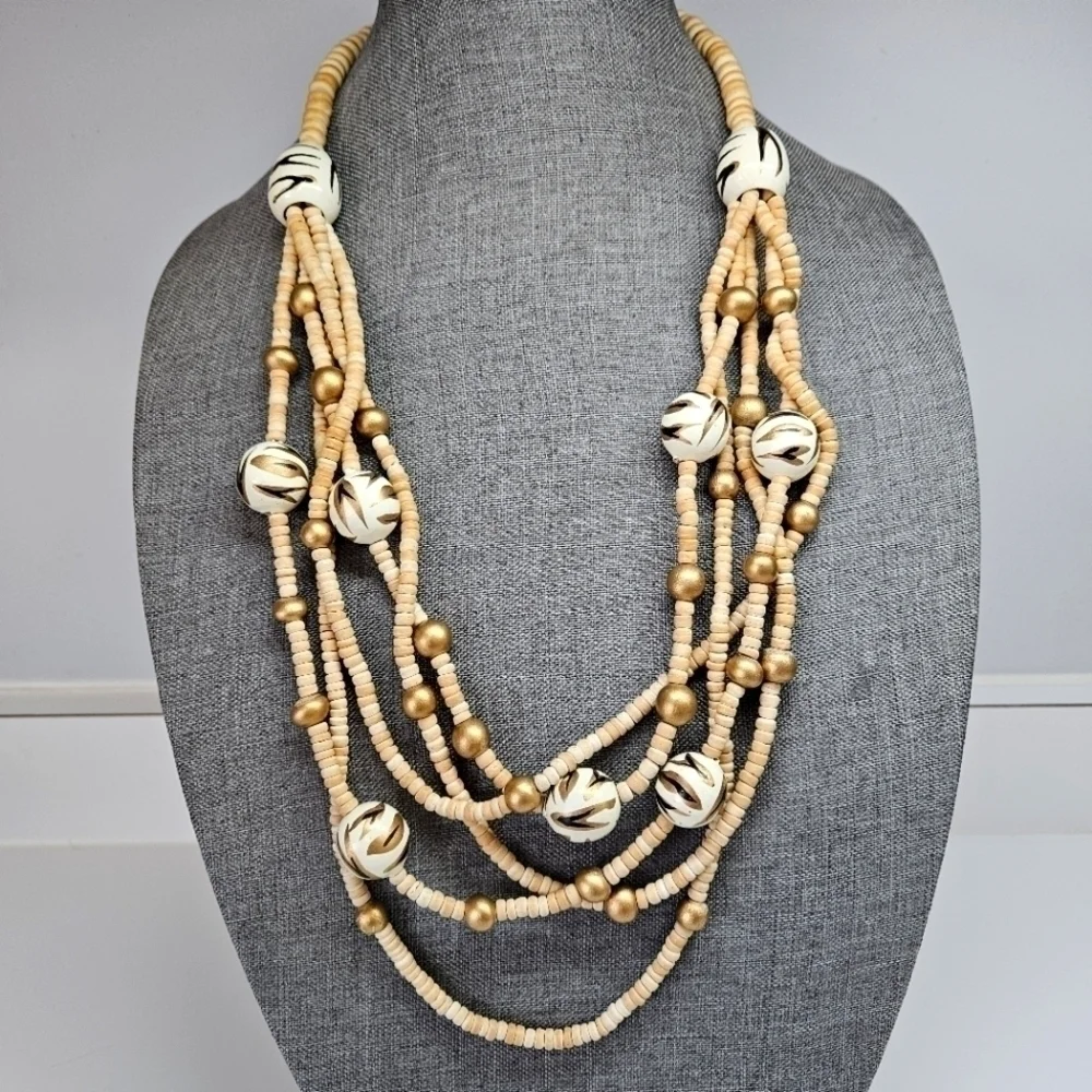 VINTAGE Wooden Animal Print Painted Beaded Statement Necklace