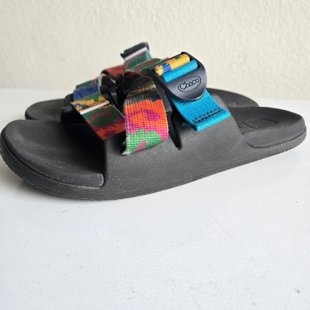 Chaco Chillos Slide Sandals Womens 7 Black Multi Color Adjustable Straps Strappy