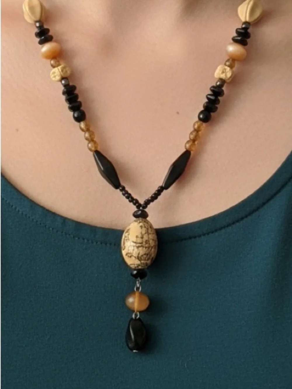 Jade MixedChinese Ping An Kou and Porcelain Handpainted Bead Necklace & Earrings
