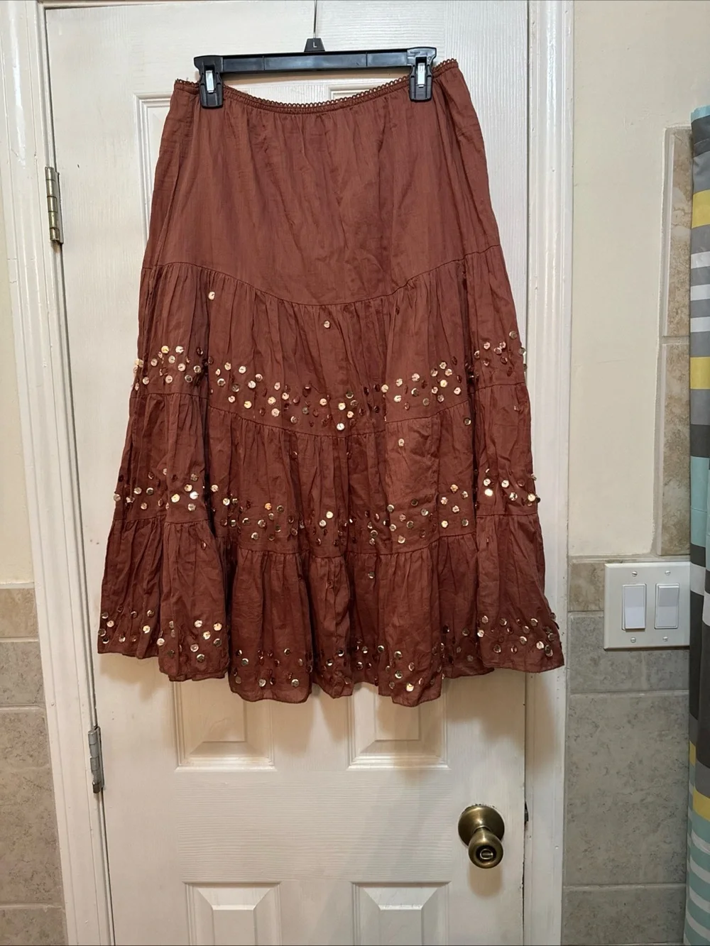 Boho Sequin Tiered Maxi Skirt in Rust