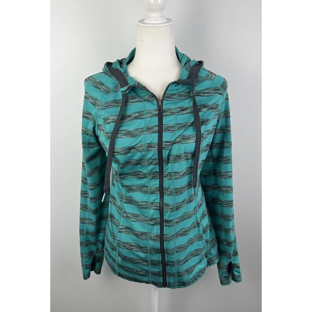 Lukka Teal and Grey Striped Zip Up‎ Jacket with Hood Large