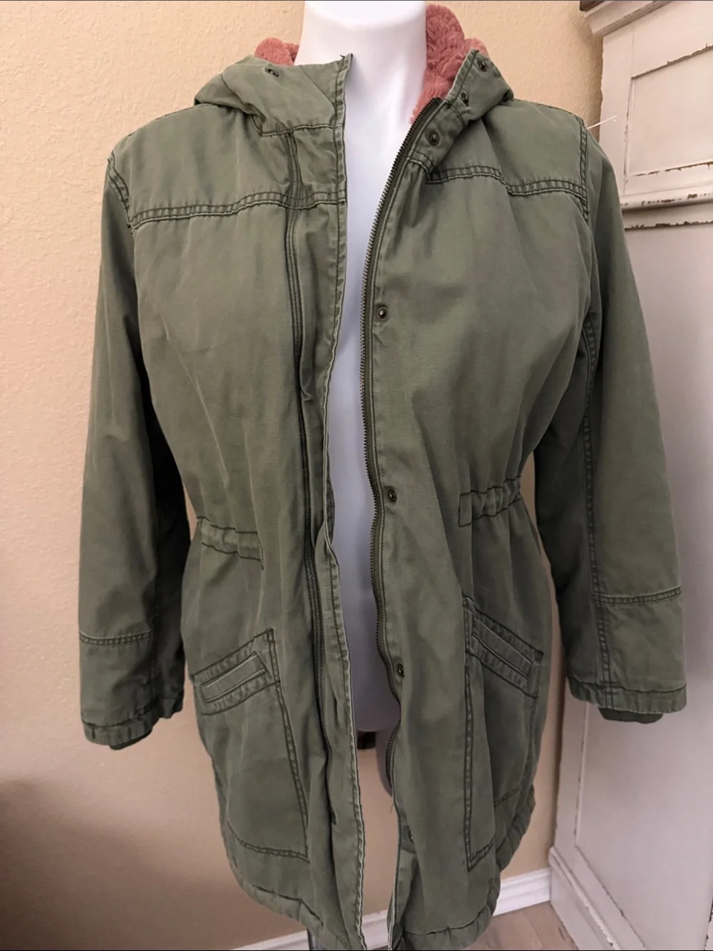 Old Navy Olive Green Hooded Utility Jacket with Pink Faux Fur Lining