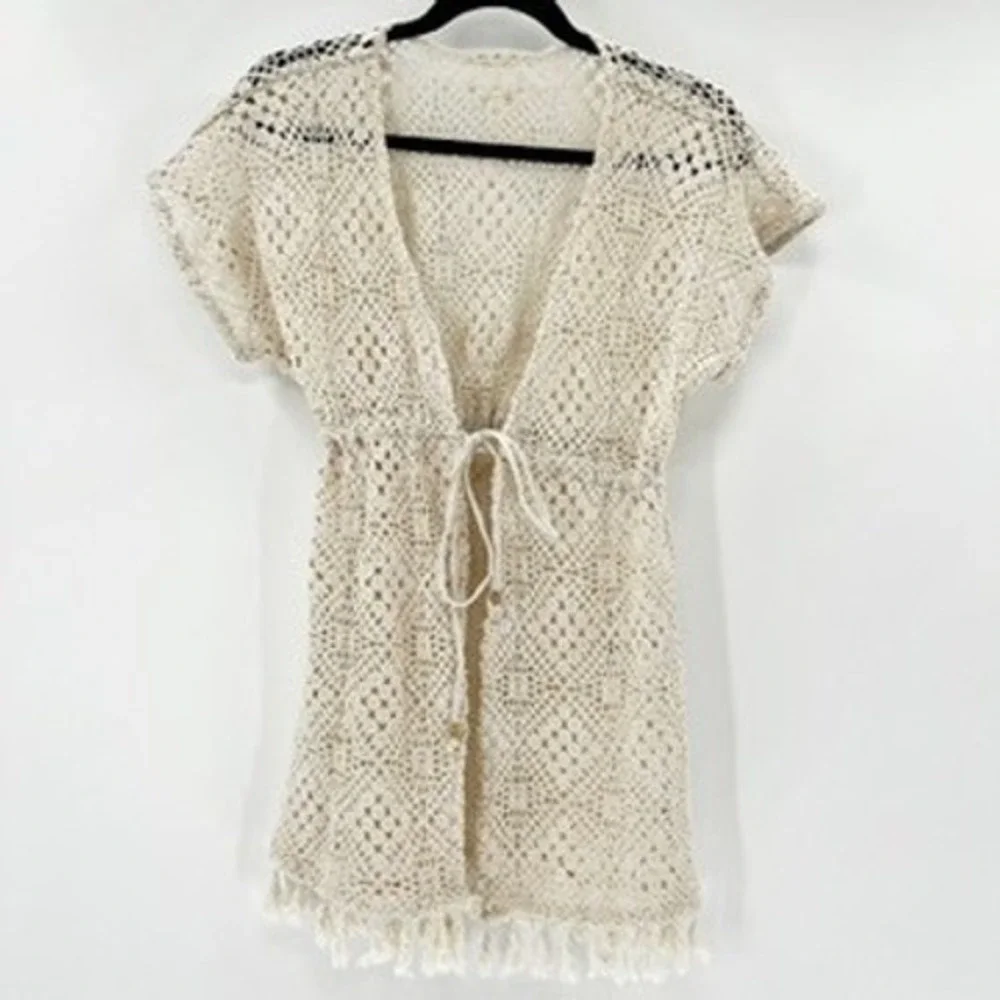 Tela Anthro‎ Cream Crochet Swim Cover Up Drawstring Fringe Hem Short Sleeve Boho