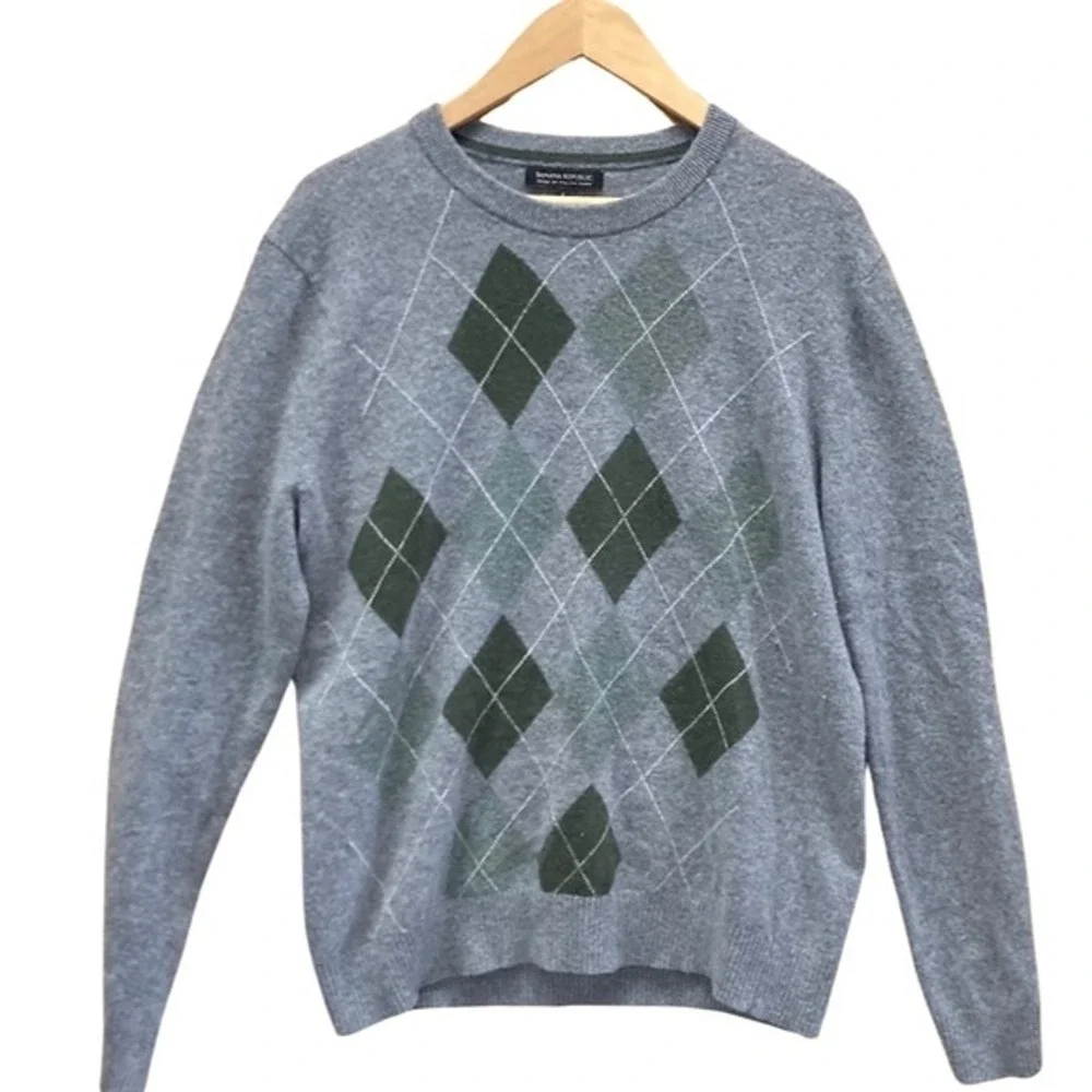 Banana Republic Sweater Grey and Green Argile Merino Wool Blend Crew Neck Size L