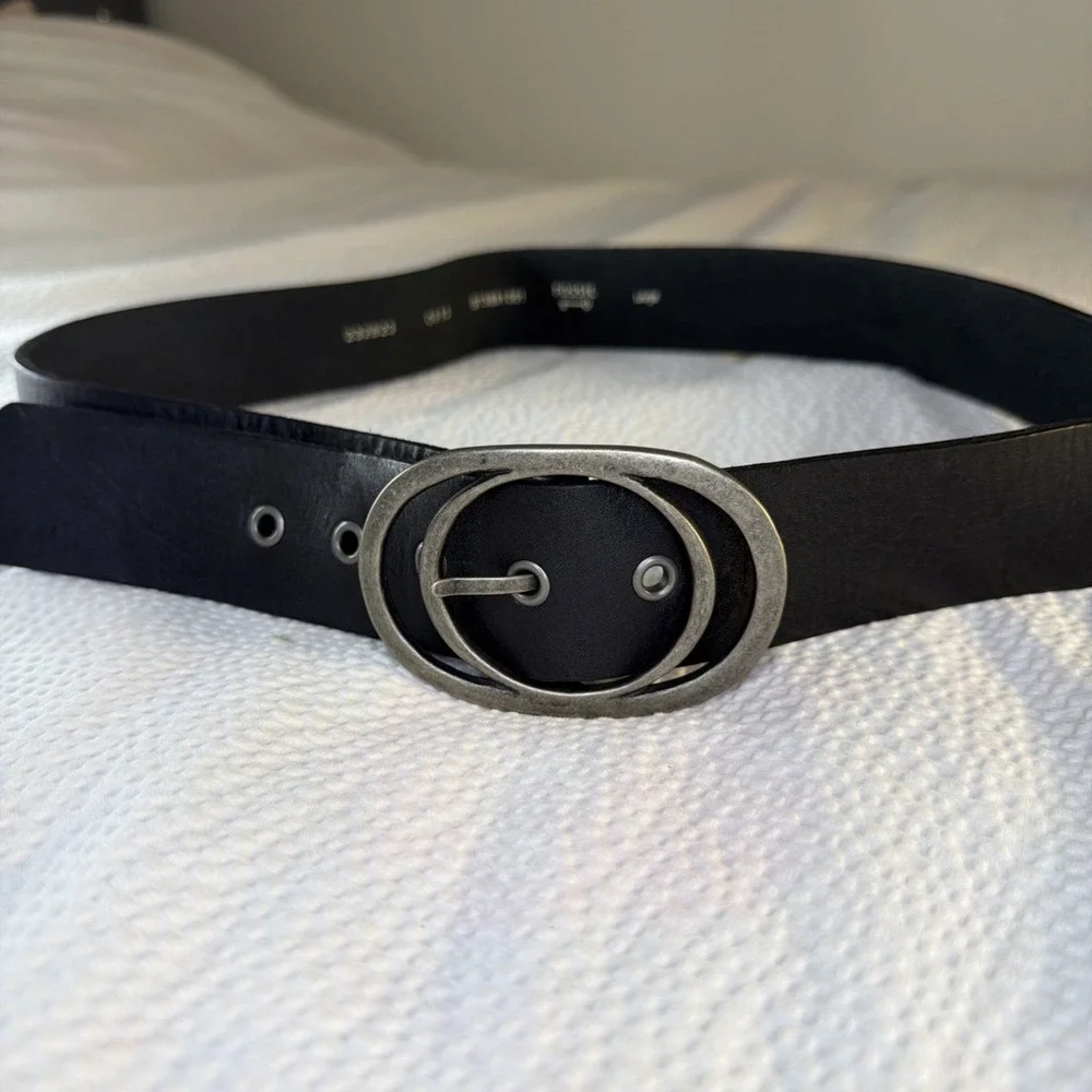 Fossil Wide Black Leather Belt Silver Buckle Size Large