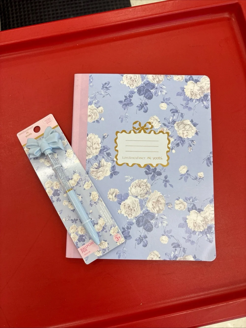 LoveShackFancy Light Blue Floral Notebook with Bow Pen Set