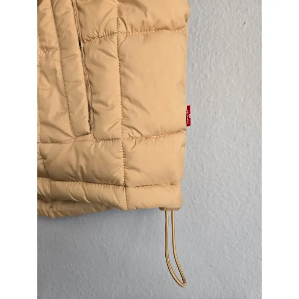 Levi's 733 Box Quilted Puffer Jacket Tan Beige S Small‎ Pockets Full Zip