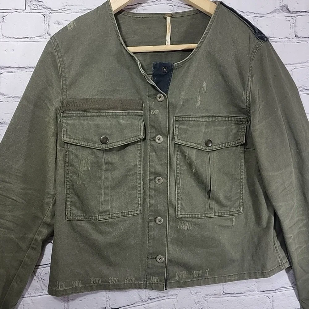 Free People - Lou Cropped Jacket Military Army Green Distressed Women's - Size M