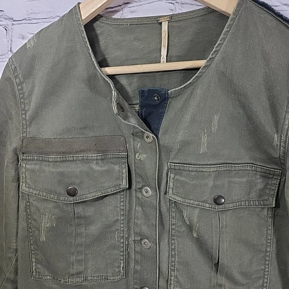 Free People - Lou Cropped Jacket Military Army Green Distressed Women's - Size M