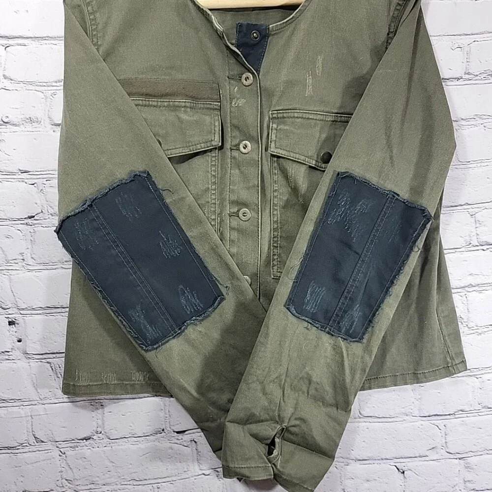 Free People - Lou Cropped Jacket Military Army Green Distressed Women's - Size M