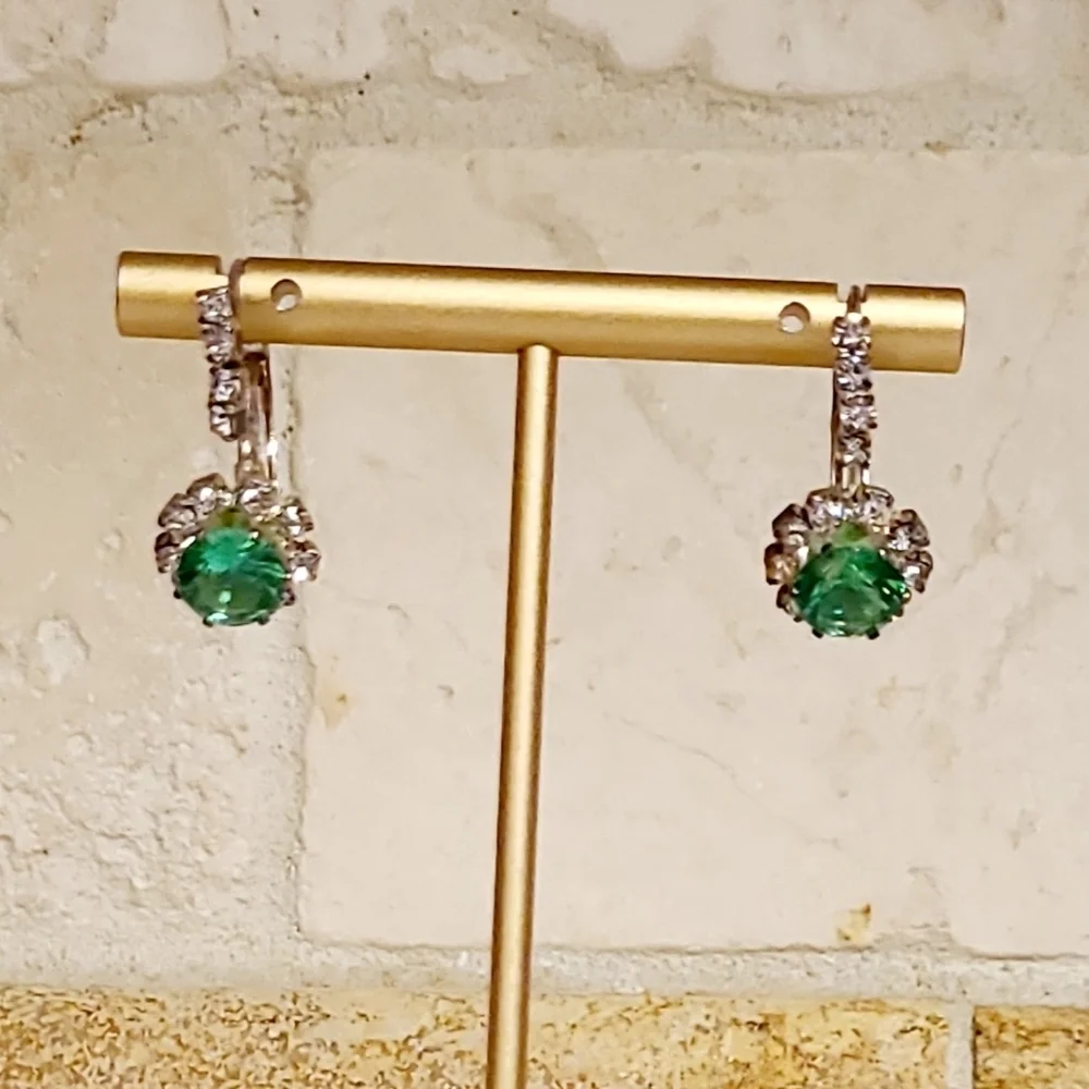 Vintage Green Crystal Rhinestone Lever back Earrings