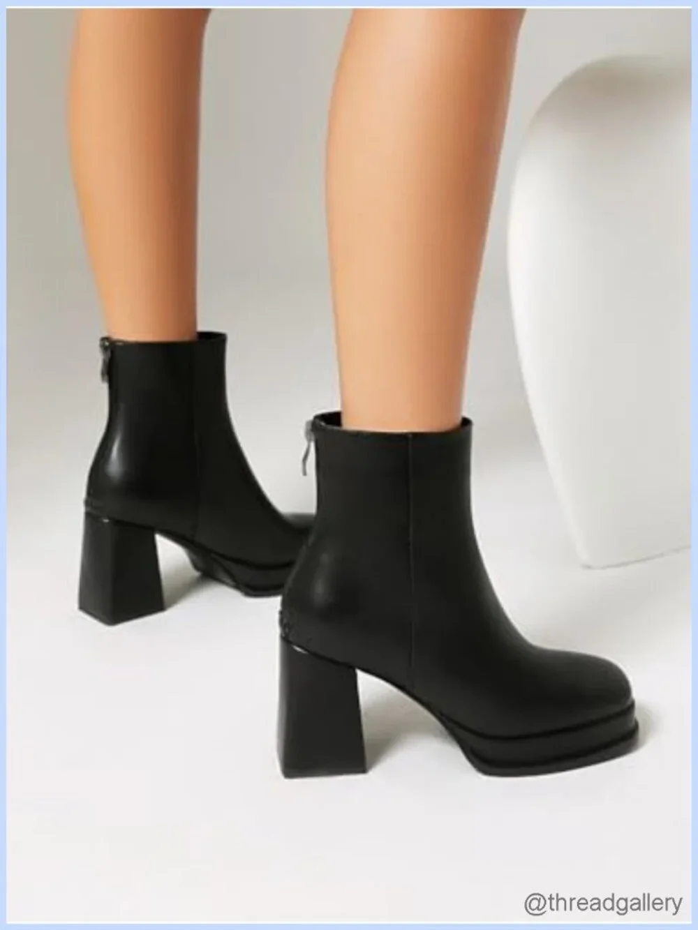 Chunky Platform Ankle Boots Square Toe Back Zipper PU Heeled Booties