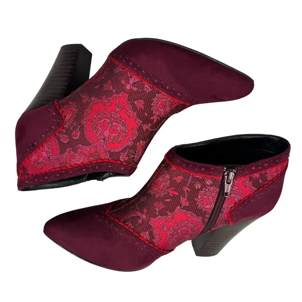 Ruby Shoo Wine Faux Suede Steampunk Brocade Nicola Ankle Boots Women's Size 9