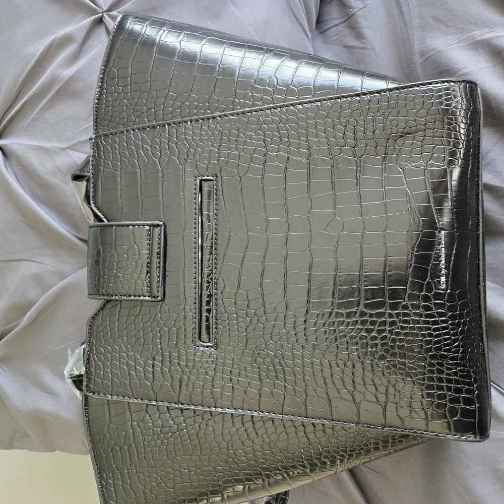 Christian Lacroix Galette Wave Top Croc Black Structured Tote Bag, NWT
