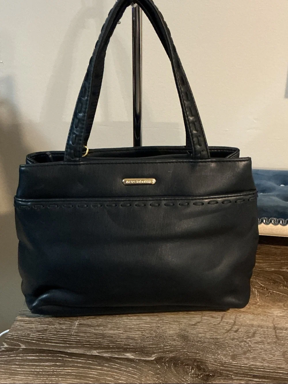 Liz Claiborne Vintage Navy Vinyl with Leather Trim Tote Satchel Gold Plaque