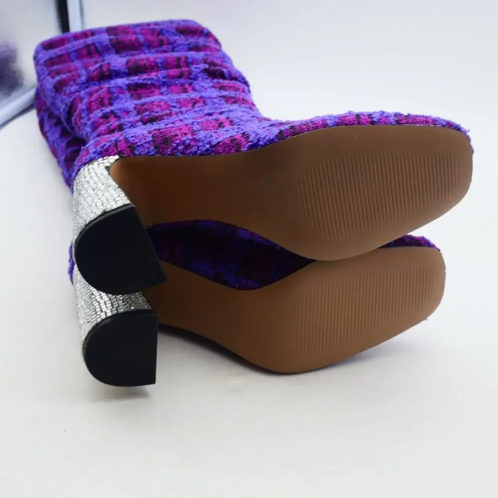 NEW Betsey Johnson Women's 6 Declaan Tall Boots Purple Tweed Rhinestone Heels