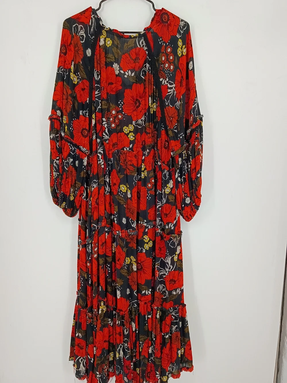 Free People Boho Black & Red Floral Long Sleeve Maxi Dress Oversized Sz L