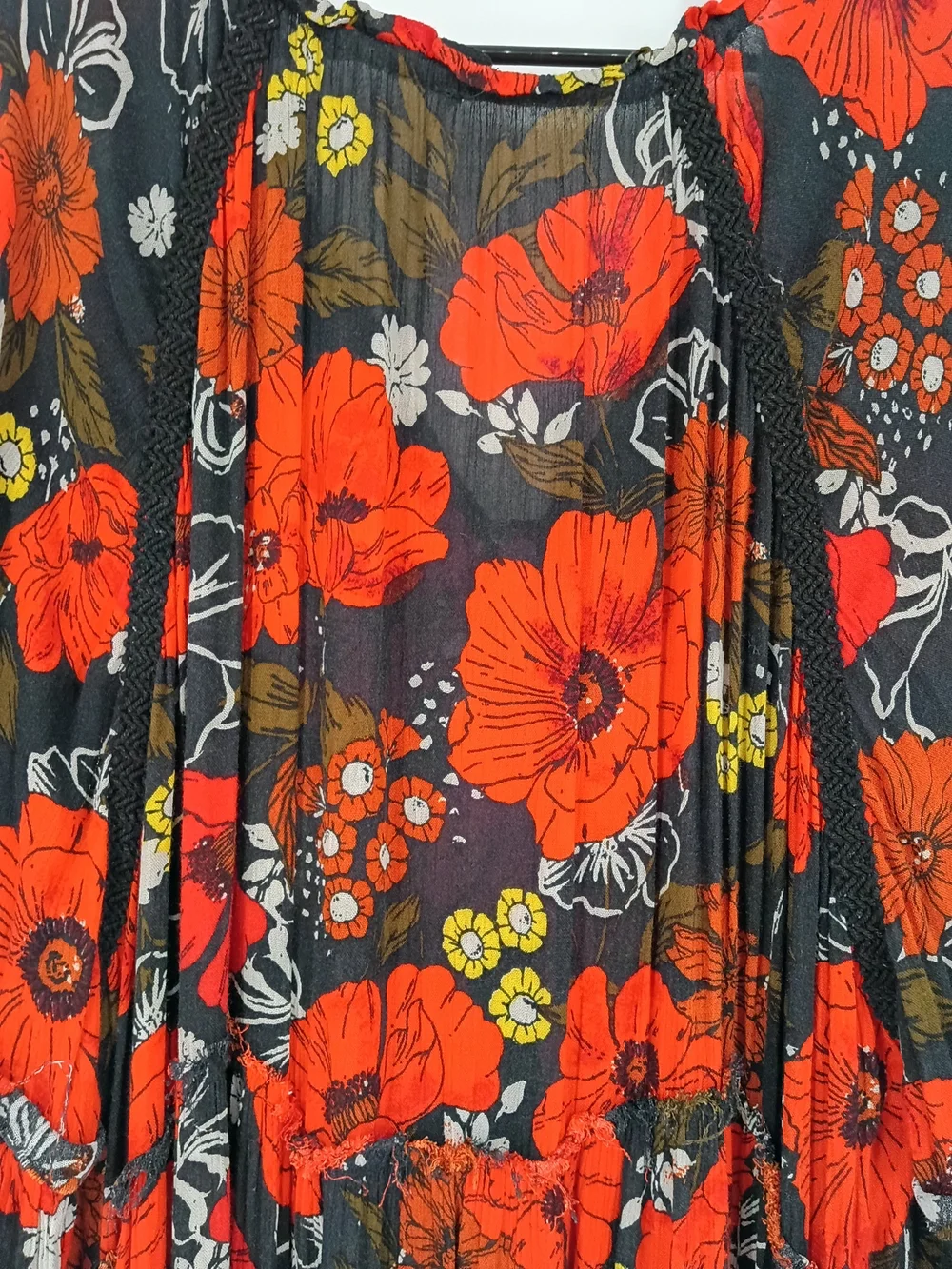 Free People Boho Black & Red Floral Long Sleeve Maxi Dress Oversized Sz L