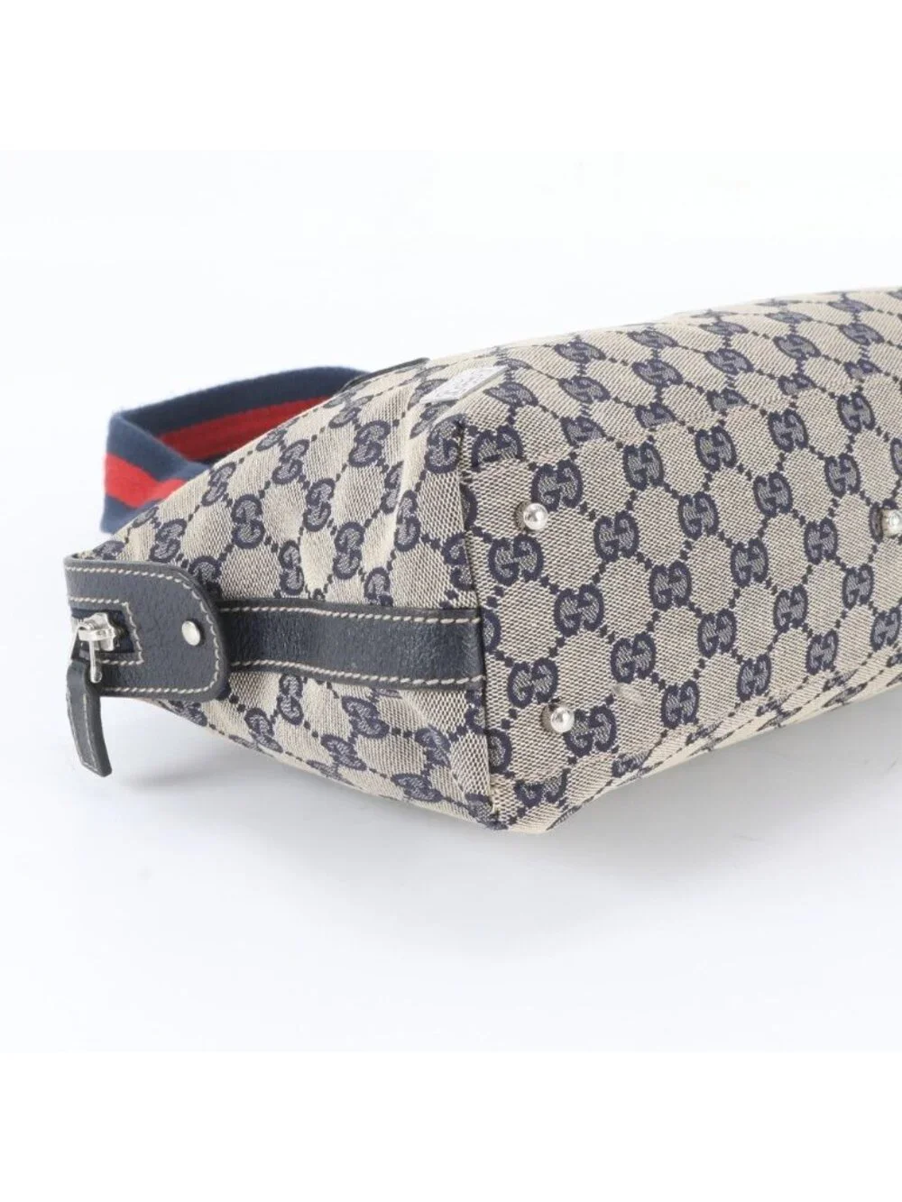 Gucci GG Canvas Sherry Line Leather Tote Shoulder Hand Navy