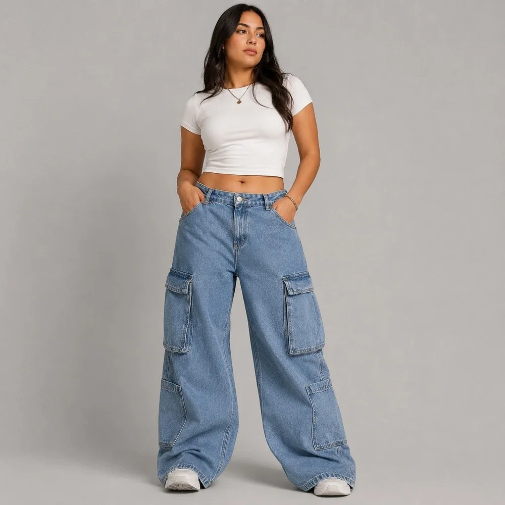 Old Navy Jeans Womens 10 Blue Baggy Wide Leg Cargo Drapey Denim High Rise 33x29