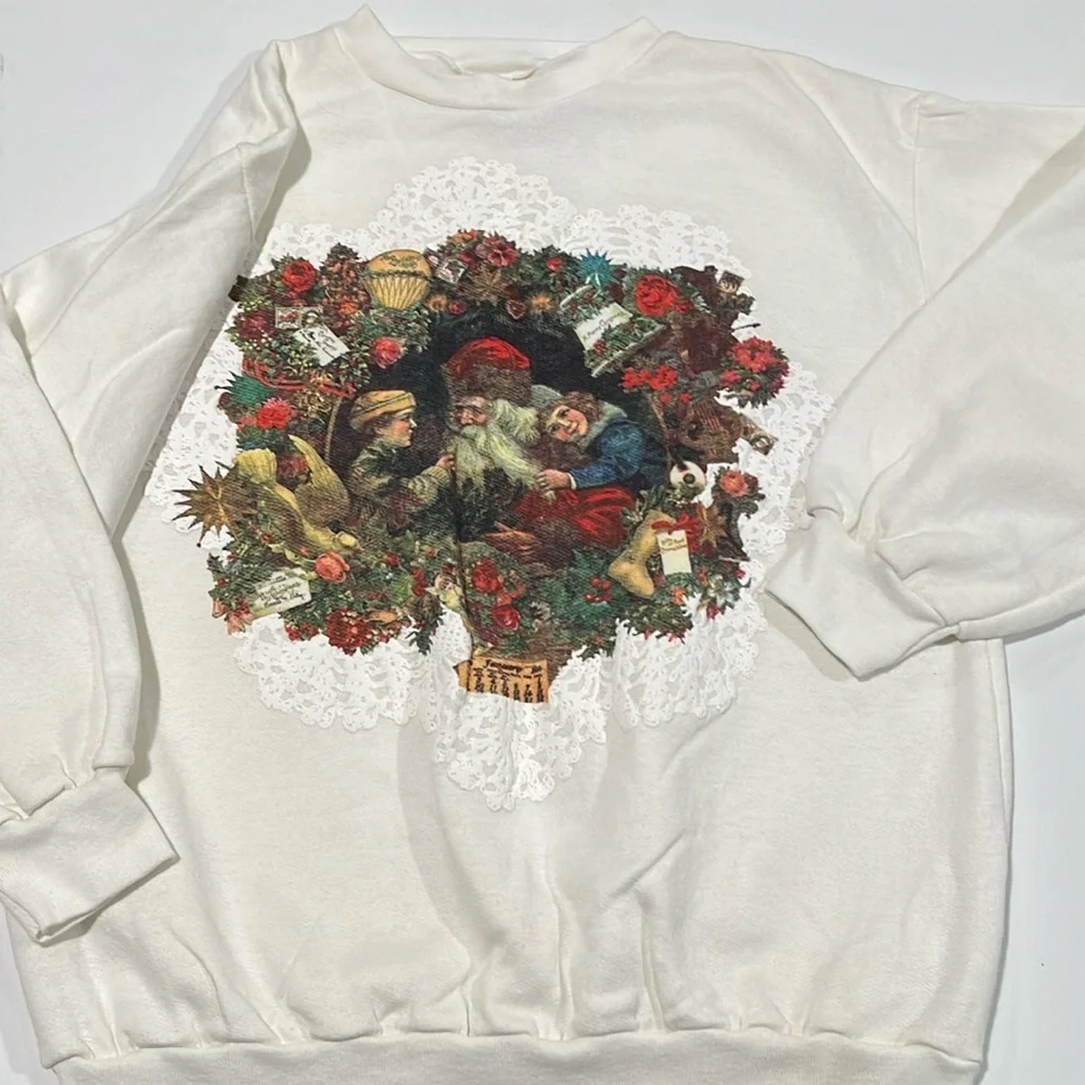 Victoria Joys - l white Santa sweater, screen‎ print, vintage