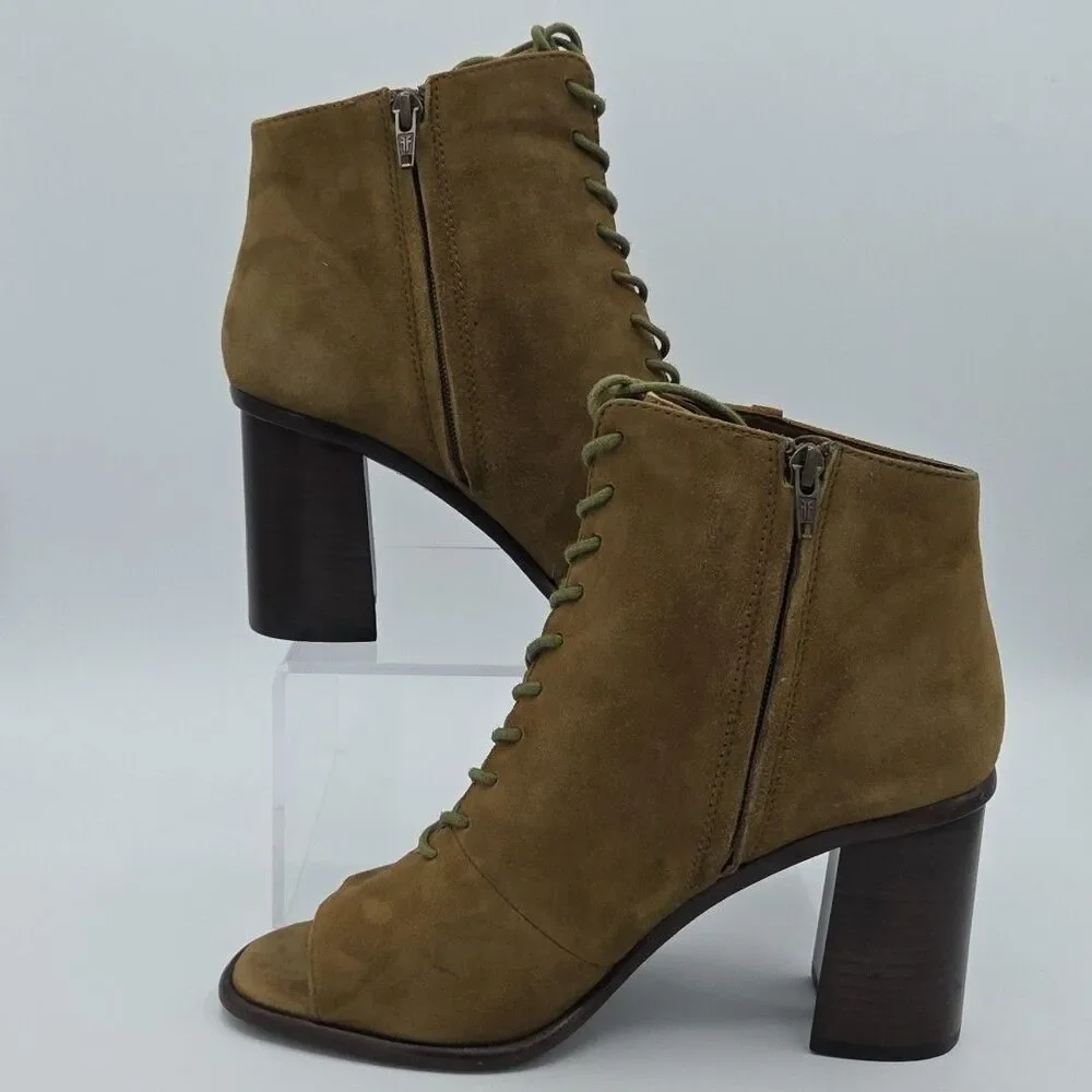 FRYE Amy Peep Toe Amy Green Khaki Suede Womens US 10 Heels Lace Up Booties