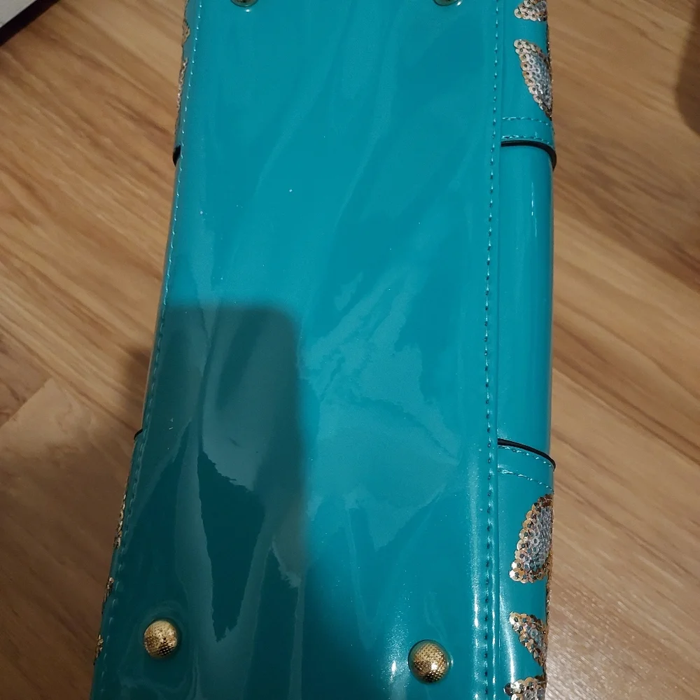Teal Neptune Green Gold Patent Leather Look Bling Handbag Embroidery Shiny Purse