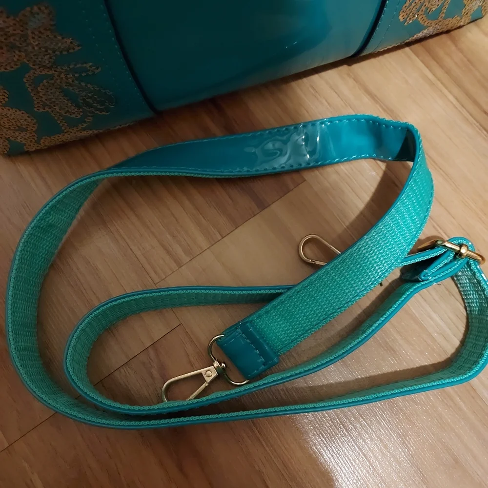 Teal Neptune Green Gold Patent Leather Look Bling Handbag Embroidery Shiny Purse