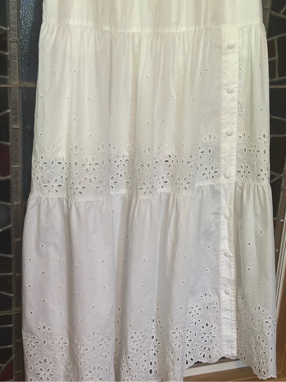 COACH White Eyelet Tiered Maxi Skirt Side Buttons Size 8