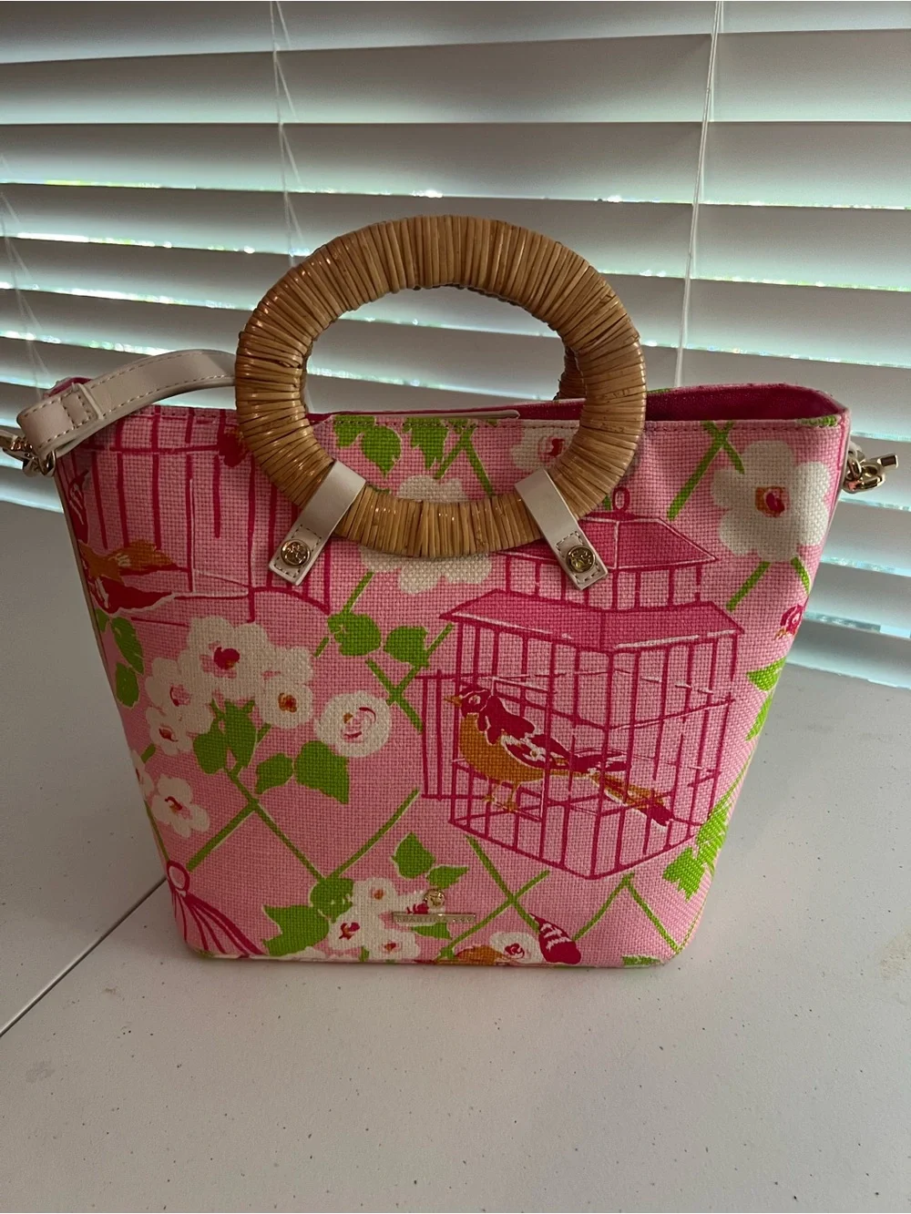 Pink Floral Canvas Tote with Rattan Ring Handles by Spartina 449 New