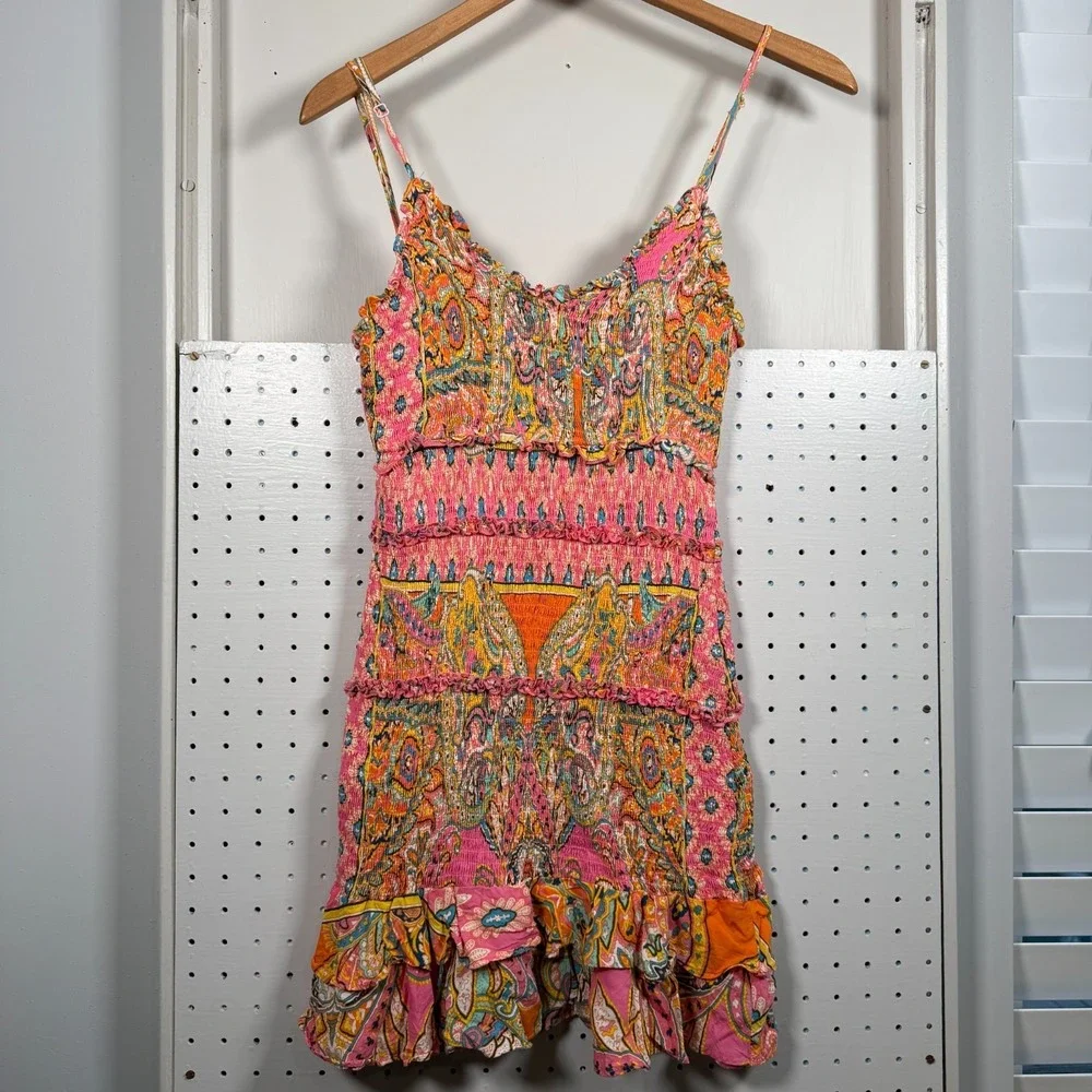 Olivaceous Smocked Bodycon Mini Dress Women's‎ Paisley Ruffle Boho Chic - Small
