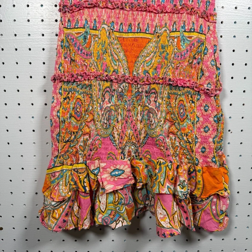 Olivaceous Smocked Bodycon Mini Dress Women's‎ Paisley Ruffle Boho Chic - Small