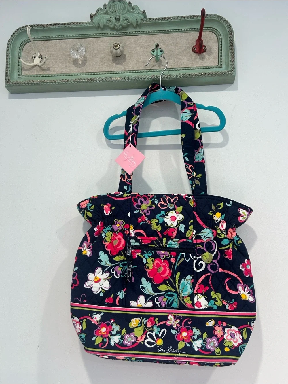 Vera Bradley Navy Laura Ribbons Multicolor Floral Quilted Shoulder Tote Bag New