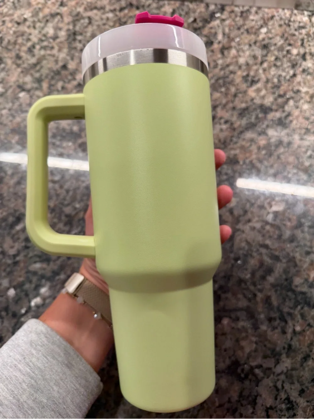 Stanley Light Green Travel Mug with Pink Logo and Accent