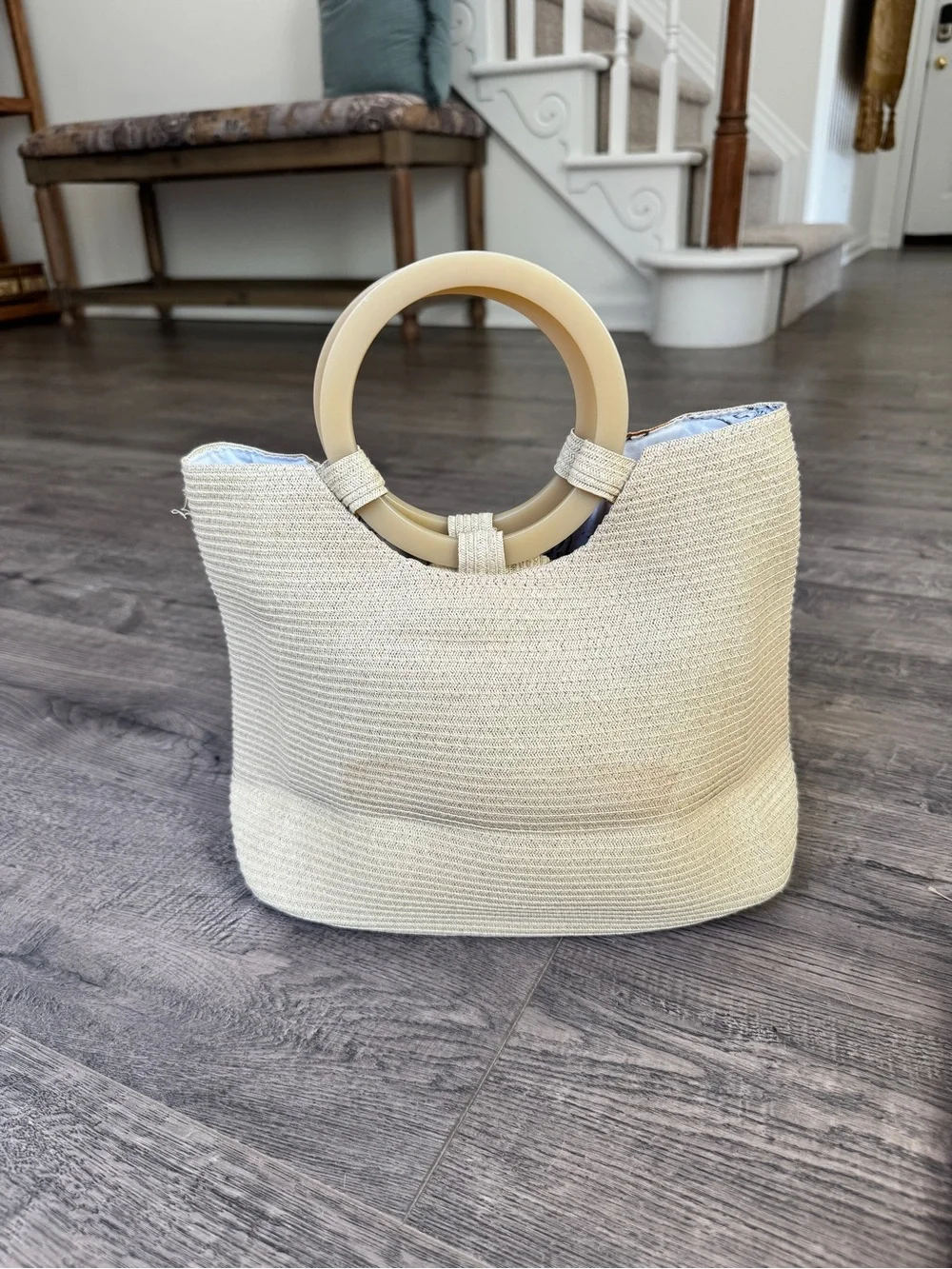 Liz Claiborne Cream Straw Tote with Circular Handles