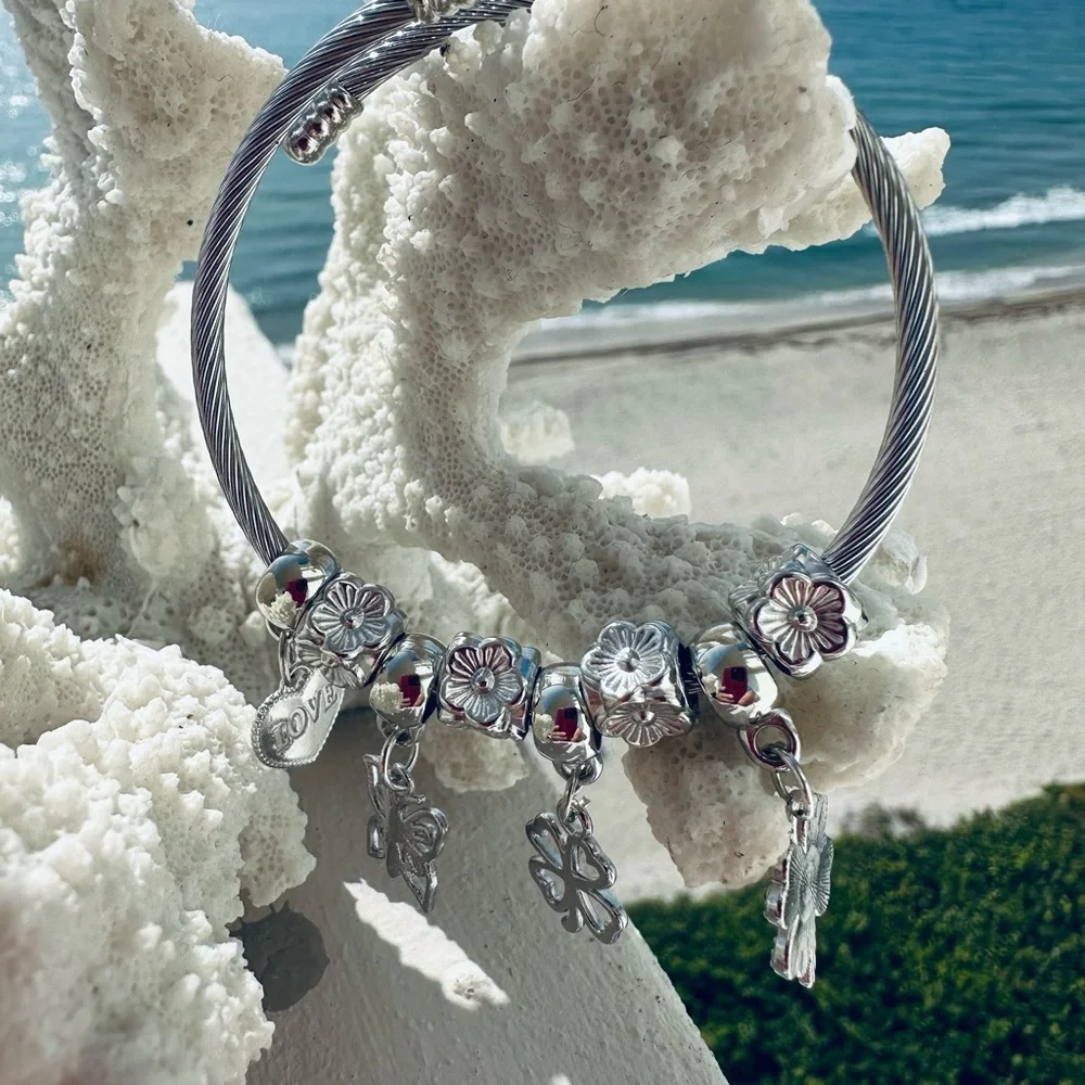 Silver like Charm Bracelet with Heart and Butterfly Accents