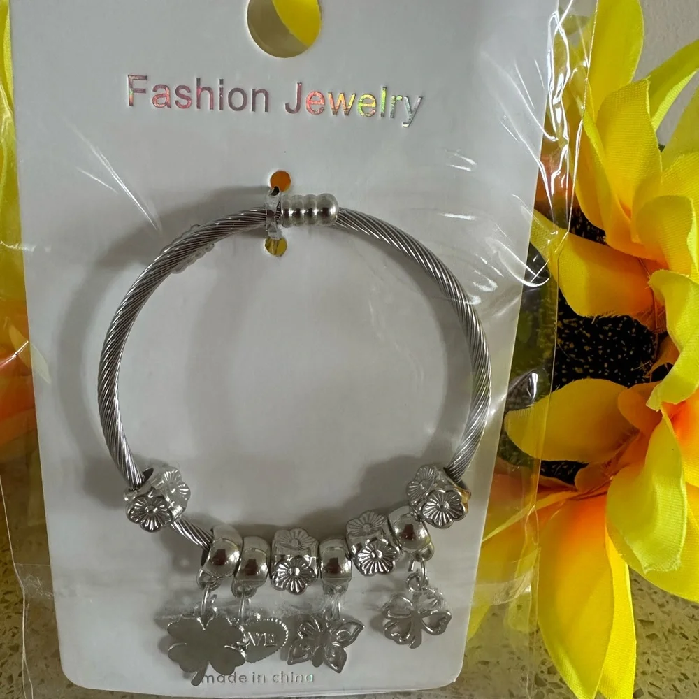 Silver like Charm Bracelet with Heart and Butterfly Accents