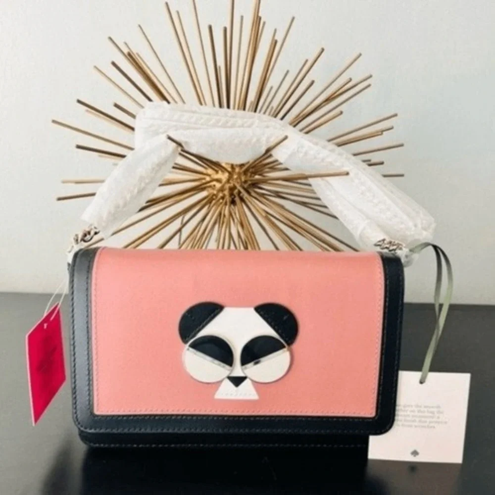 Kate Spade Gentle Panda Crossbody Leather Wallet Bag,‎ Pink/Black, NWT