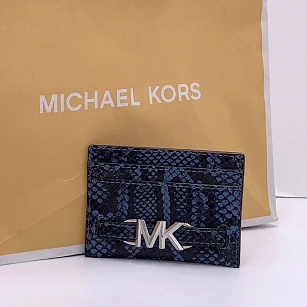 MICHAEL KORS Reed Large Snakeskin Python Patter Card Holder Case Denim NWT