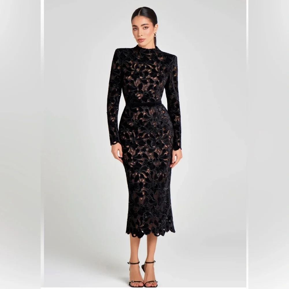 NADINE MERABI Black Floral Lace Long-Sleeve Midi Dress