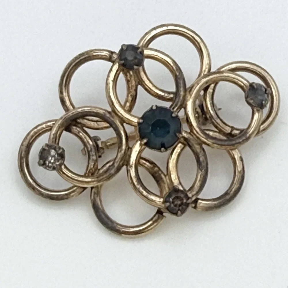 Vintage WRECCO 12K Gold Filled Circle Brooch Blue Rhinestone Atomic Pin