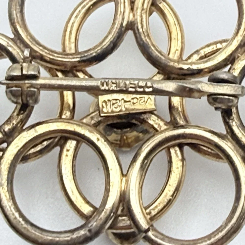 Vintage WRECCO 12K Gold Filled Circle Brooch Blue Rhinestone Atomic Pin
