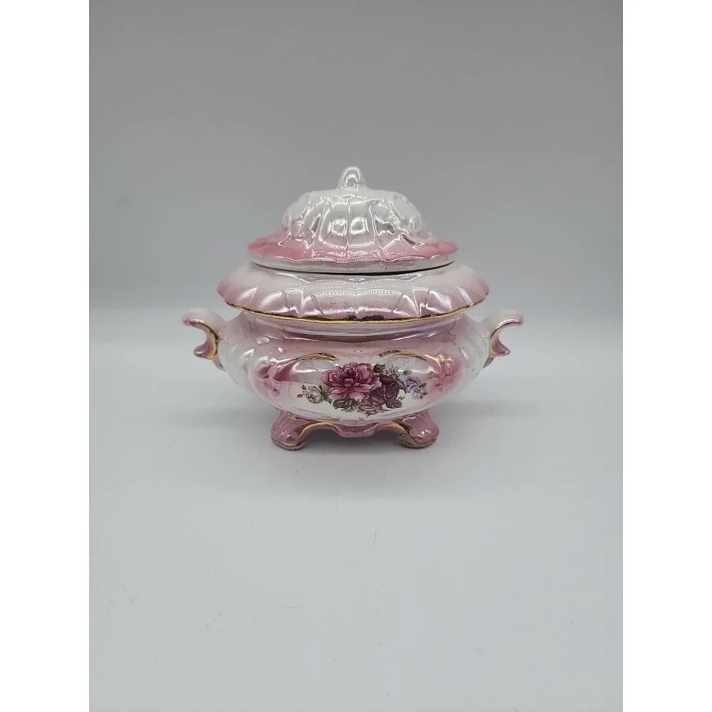 Vintage Pink Lusterware Floral Ceramic Lidded Dish Gold Trim Footed Tureen 6x7