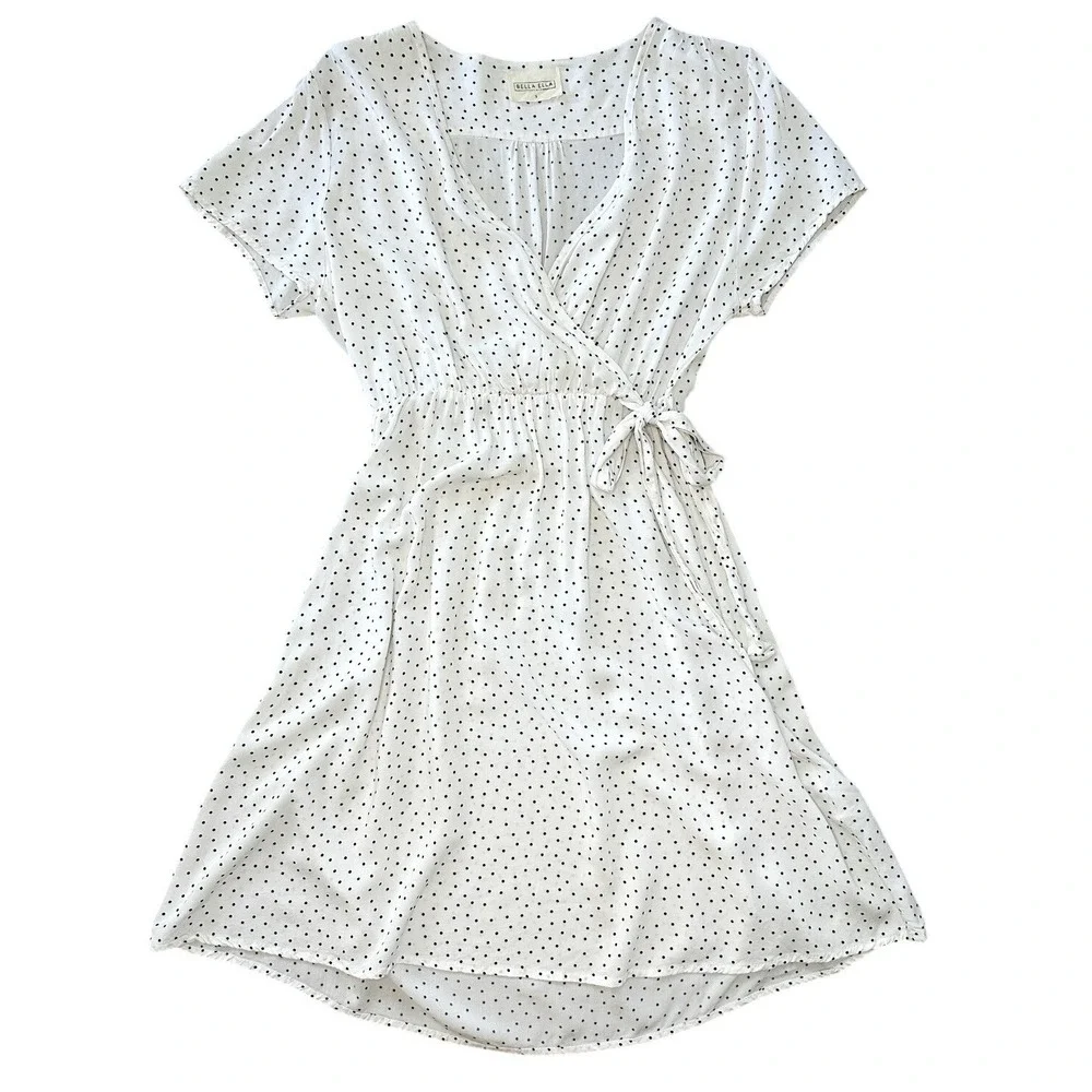 Bella Ella White Black Polka Dot Faux Wrap Dress Rayon S Summer Wedding Guest‎