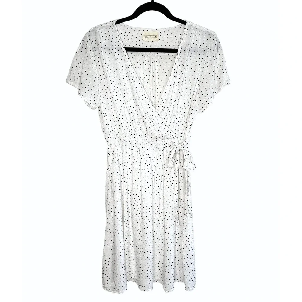 Bella Ella White Black Polka Dot Faux Wrap Dress Rayon S Summer Wedding Guest‎