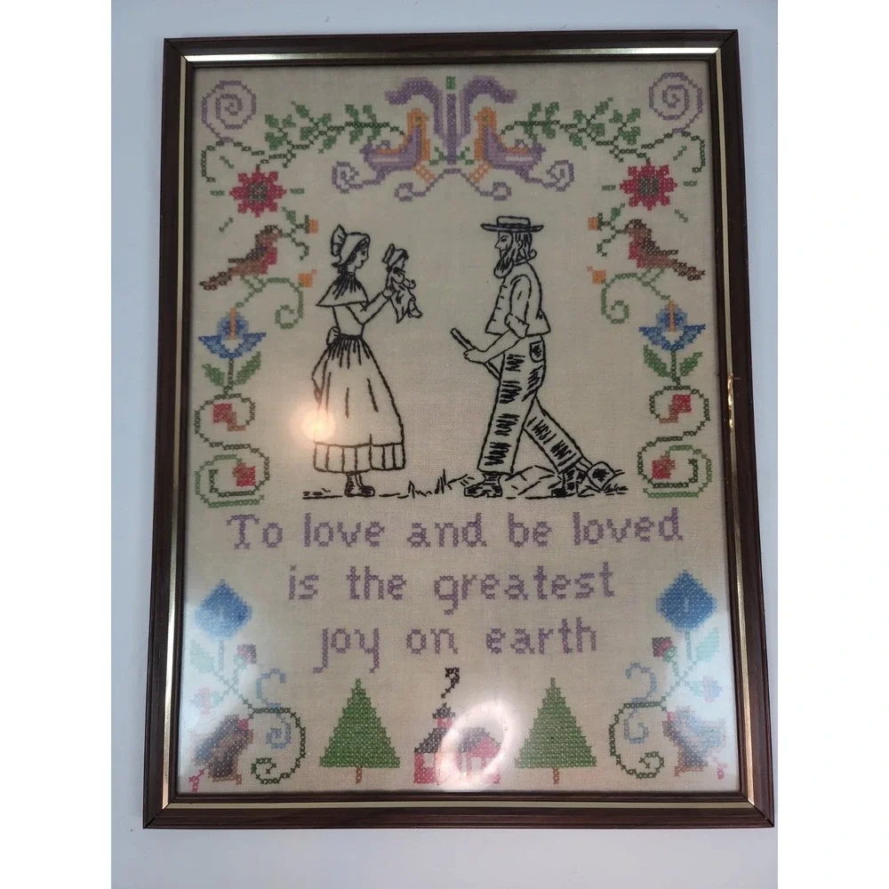 Vintage Cross Stitch Art Country Rustic Farmhouse Amish Couple Framed Barn 16x12
