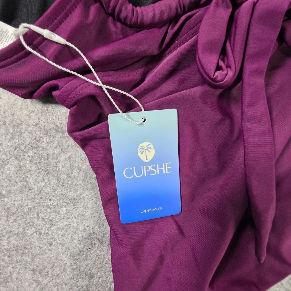 NWT Cupshe Cutout V-Neck Tankini Top Floral Plum Mid-Rise Bottoms Set Med