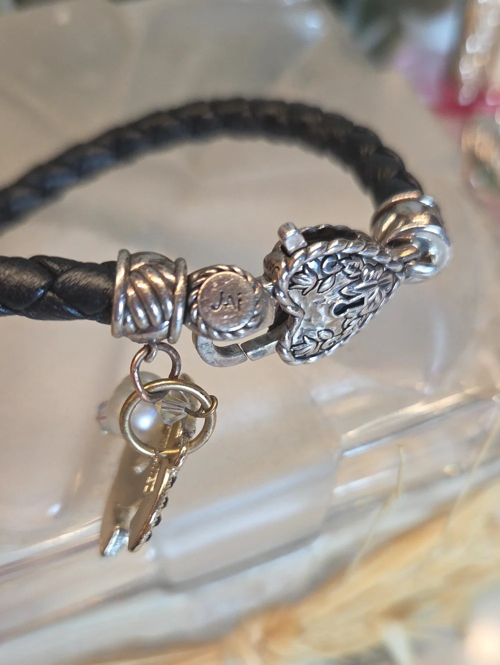 QVC JAI Sterling Silver Black Braided Leather Bracelet w/Pink & Pearl CC Charm