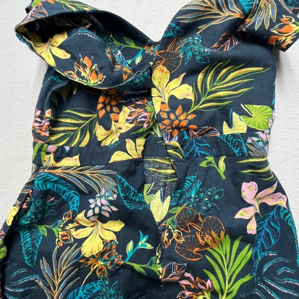 New Tropical Floral‎ Midi Dress Women 16 Linen Blend Ruffle Sleeve V Neck Sumer